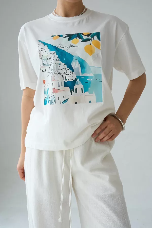 Baskılı Ekru Pamuklu Kadın Tişört