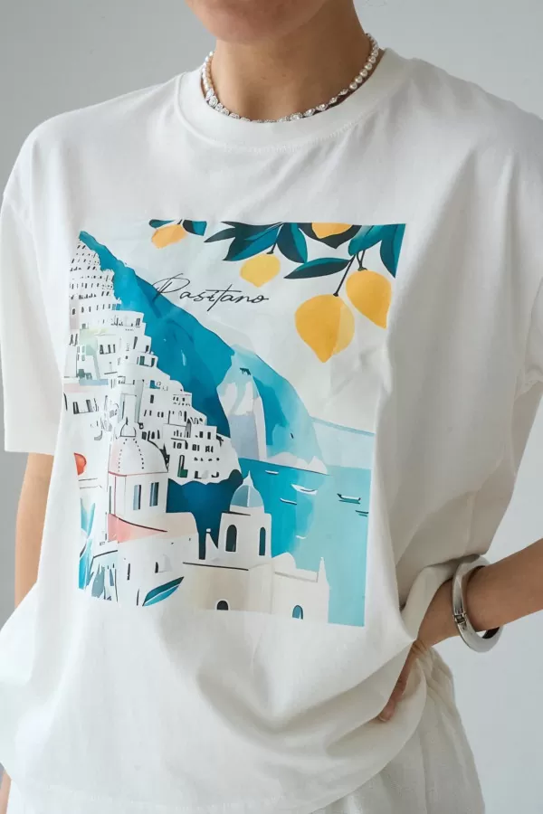 Baskılı Ekru Pamuklu Kadın Tişört