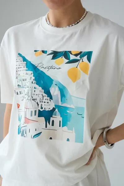 Baskılı Ekru Pamuklu Kadın Tişört