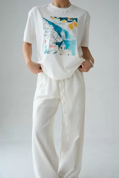 Baskılı Ekru Pamuklu Kadın Tişört