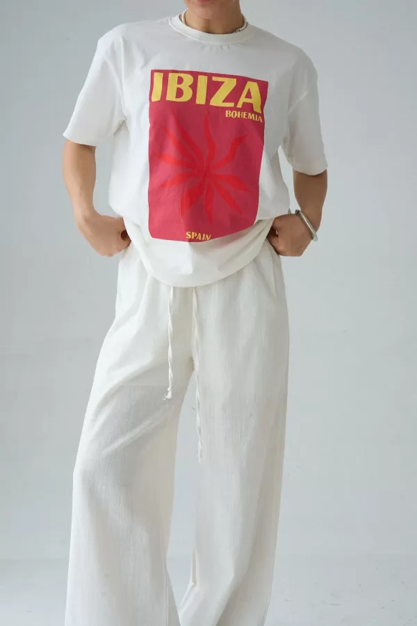 Baskılı Ekru Pamuklu Kadın Tişört