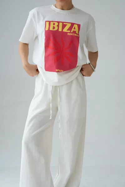 Baskılı Ekru Pamuklu Kadın Tişört