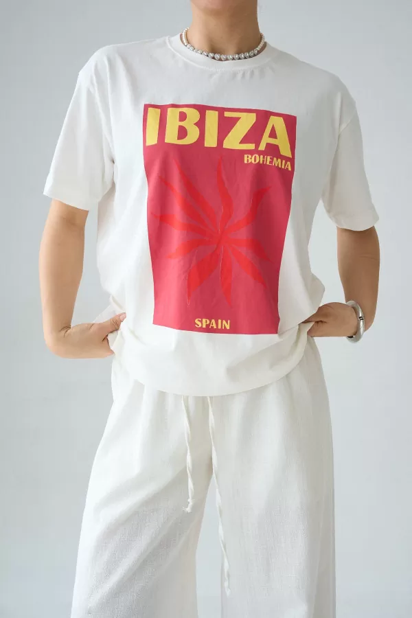 Baskılı Ekru Pamuklu Kadın Tişört