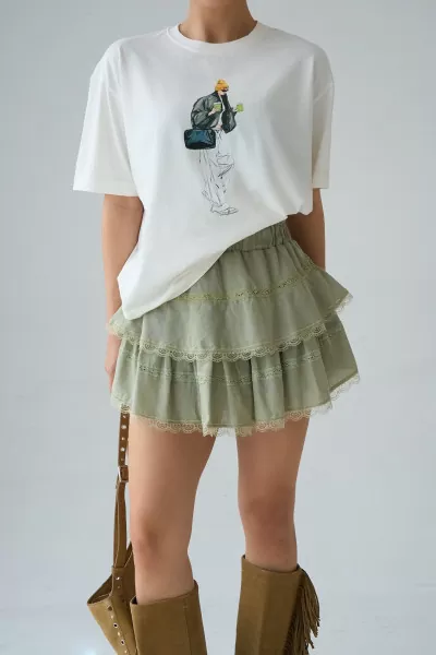 Baskılı Ekru Pamuklu Kadın Tişört