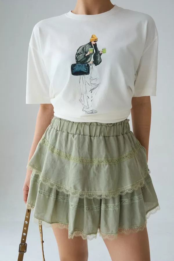 Baskılı Ekru Pamuklu Kadın Tişört