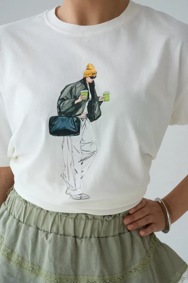 Baskılı Ekru Pamuklu Kadın Tişört