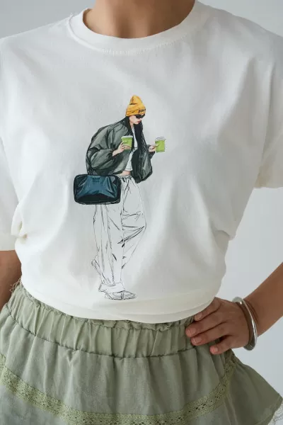 Baskılı Ekru Pamuklu Kadın Tişört