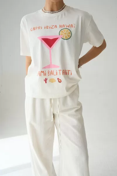 Baskılı Ekru Pamuklu Kadın Tişört