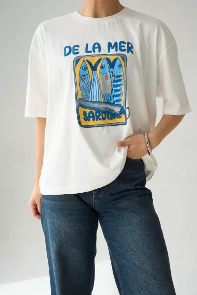 Baskılı Ekru Pamuklu Kadın Tişört