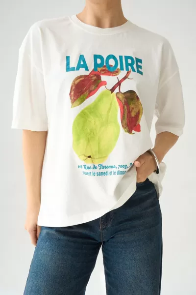 Baskılı Ekru Pamuklu Kadın Tişört