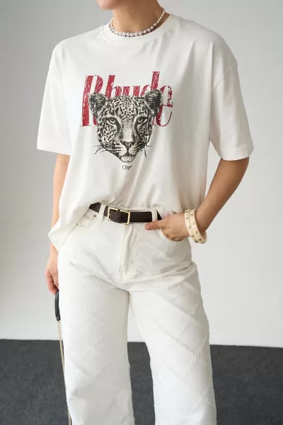 Baskılı Ekru Pamuklu Kadın Tişört