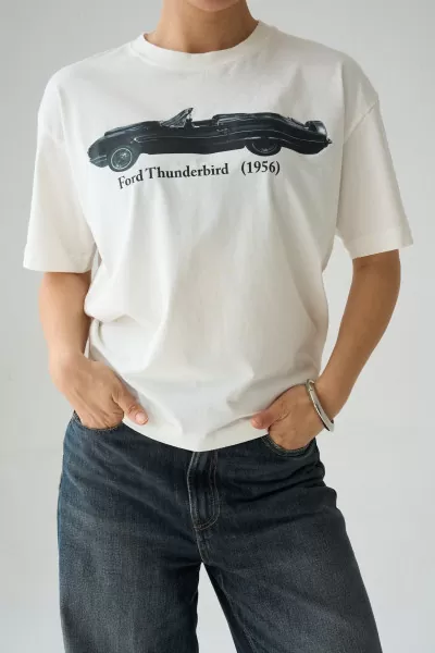 Baskılı Ekru Siyah Pamuklu Kadın Tişört