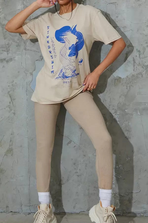 Baskılı Ekru Kadın Tişört