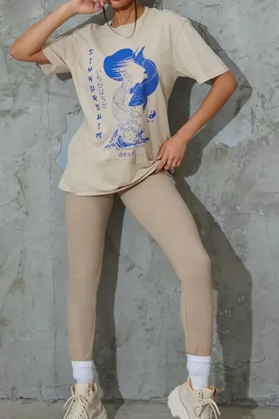 Baskılı Ekru Kadın Tişört