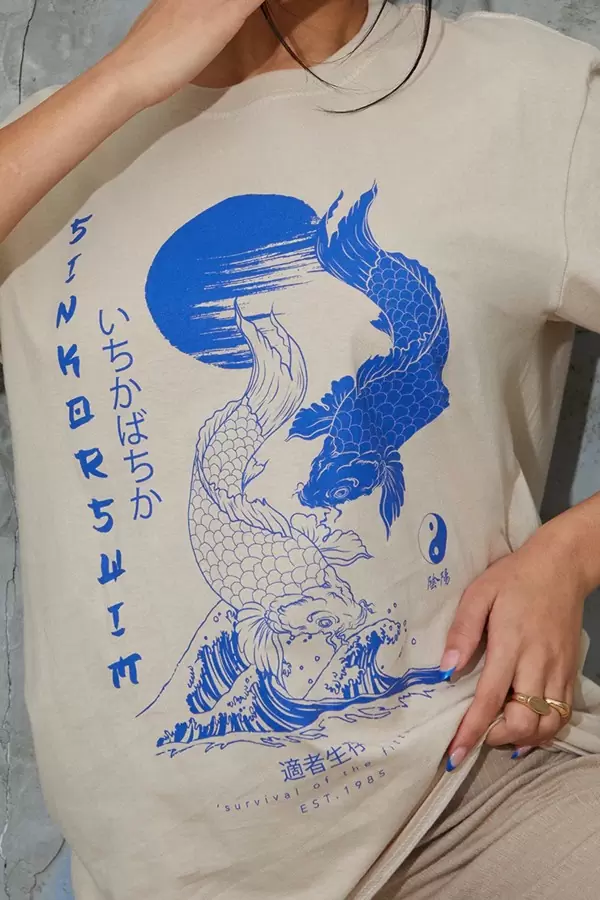 Baskılı Ekru Kadın Tişört