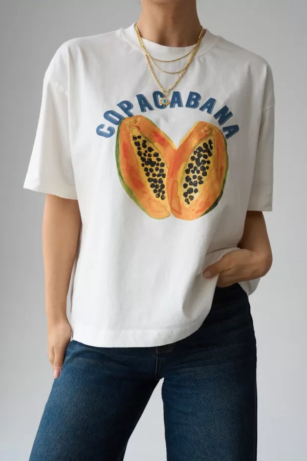 Baskılı Krem Pamuklu Kadın Tişört