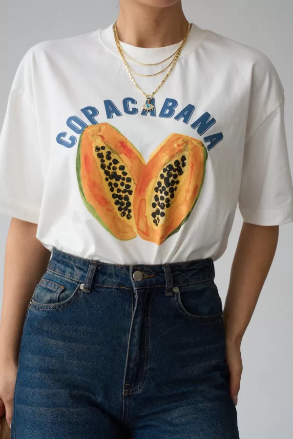 Baskılı Krem Pamuklu Kadın Tişört