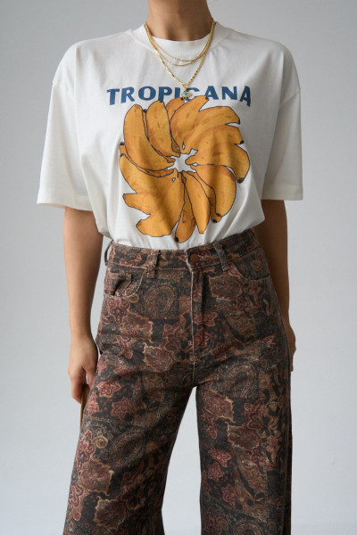 Baskılı Krem Pamuklu Kadın Tişört