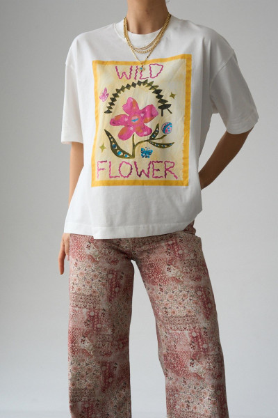 Baskılı Krem Pamuklu Kadın Tişört