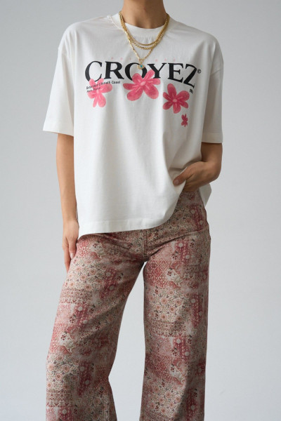 Baskılı Krem Pamuklu Kadın Tişört