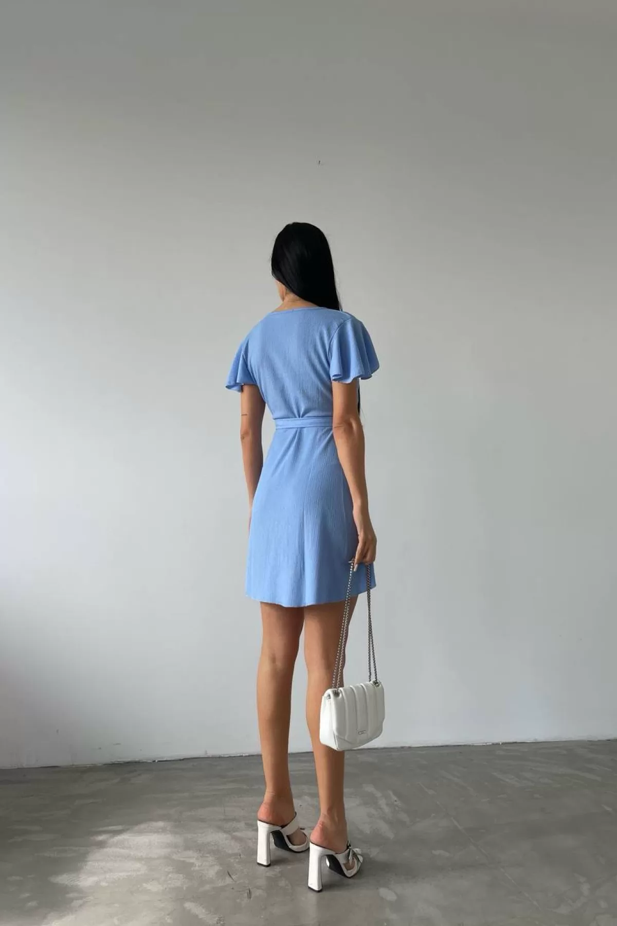 Bebe Mavi Bürümcük Kumaş Kruvaze Kısa Elbise