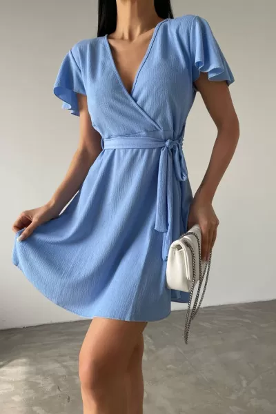 Bebe Mavi Bürümcük Kumaş Kruvaze Kısa Elbise