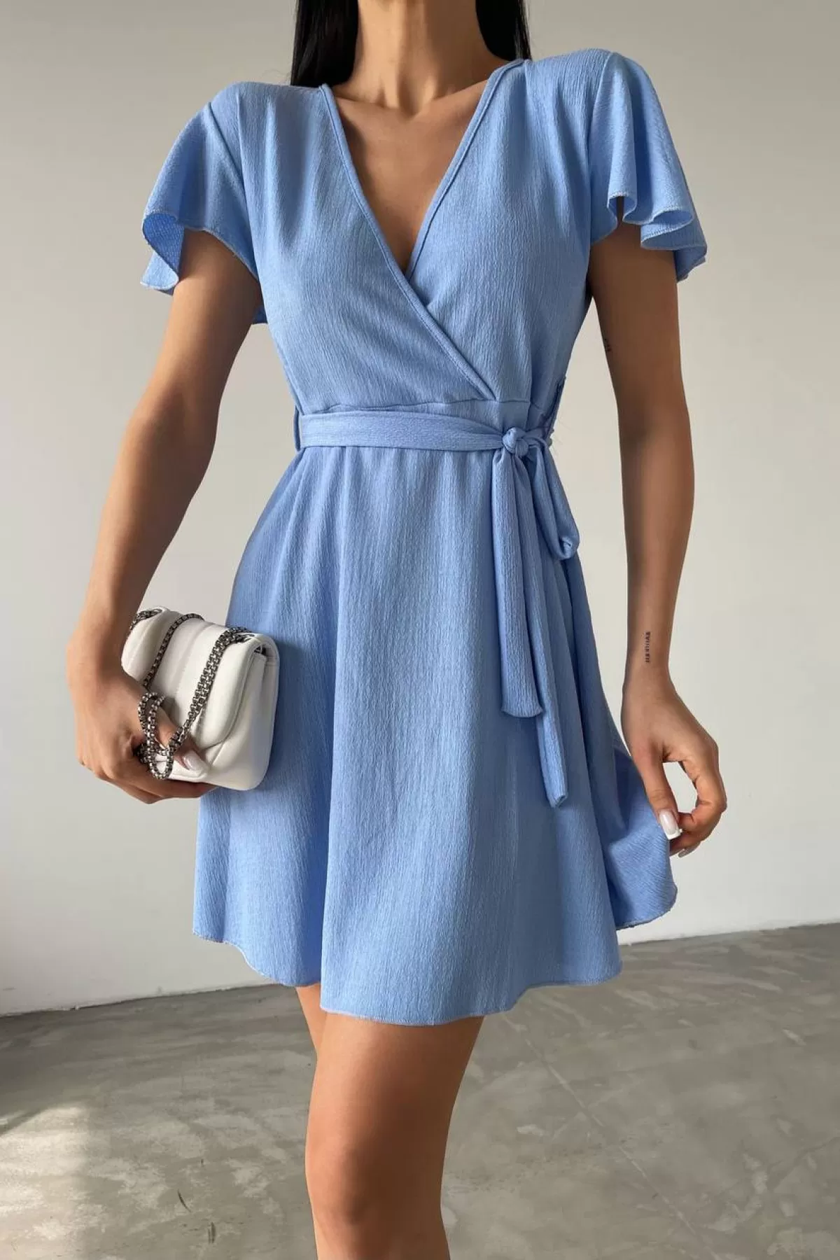 Bebe Mavi Bürümcük Kumaş Kruvaze Kısa Elbise