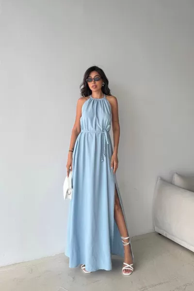 Bebe Mavi Pamuk Keten Yırtmaçlı Maksi Boy Elbise