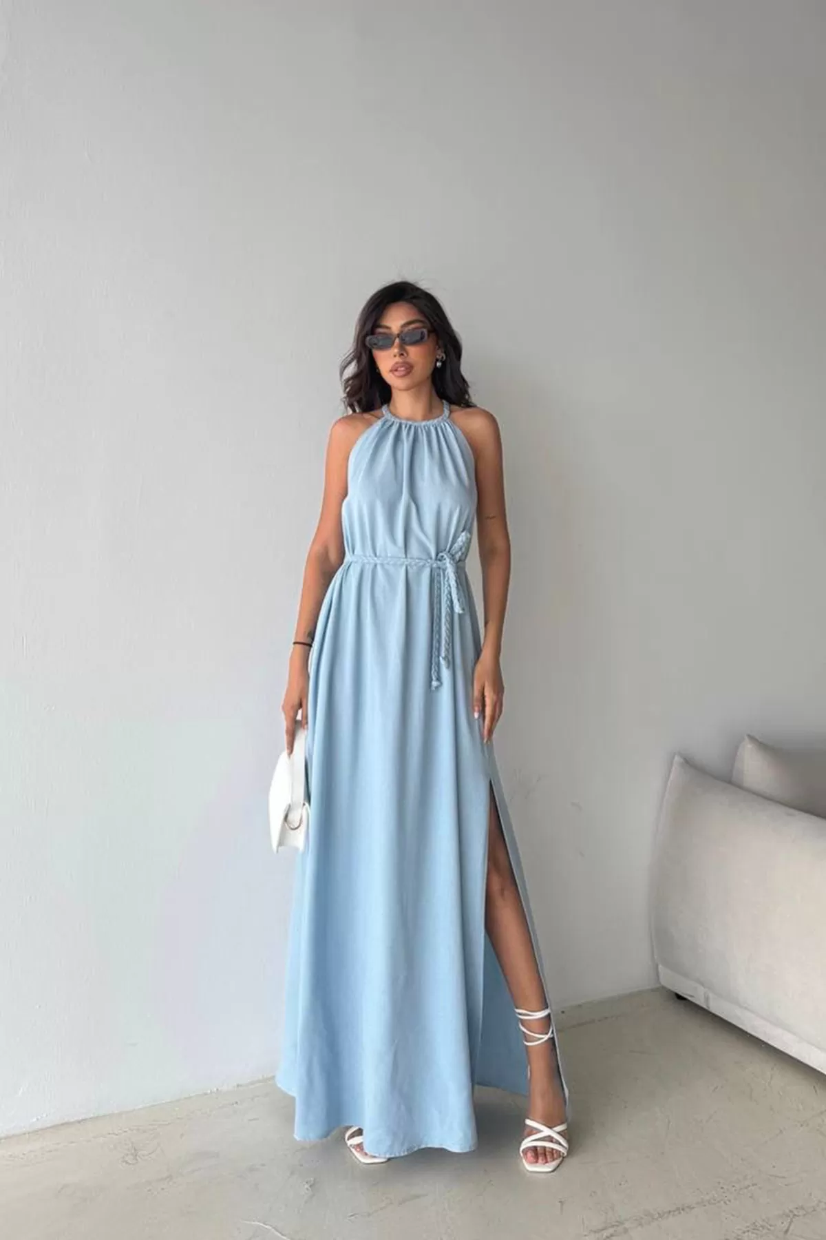 Bebe Mavi Pamuk Keten Yırtmaçlı Maksi Boy Elbise