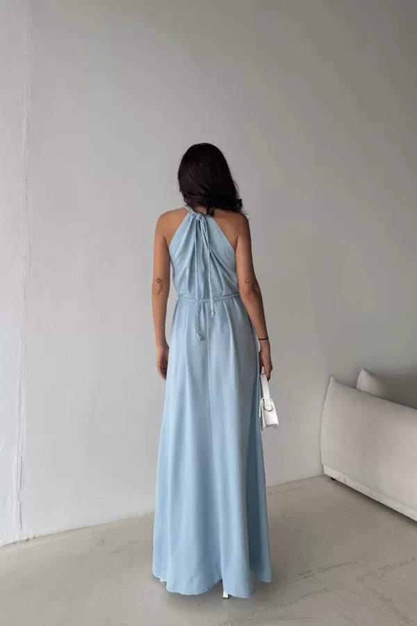 Bebe Mavi Pamuk Keten Yırtmaçlı Maksi Boy Elbise