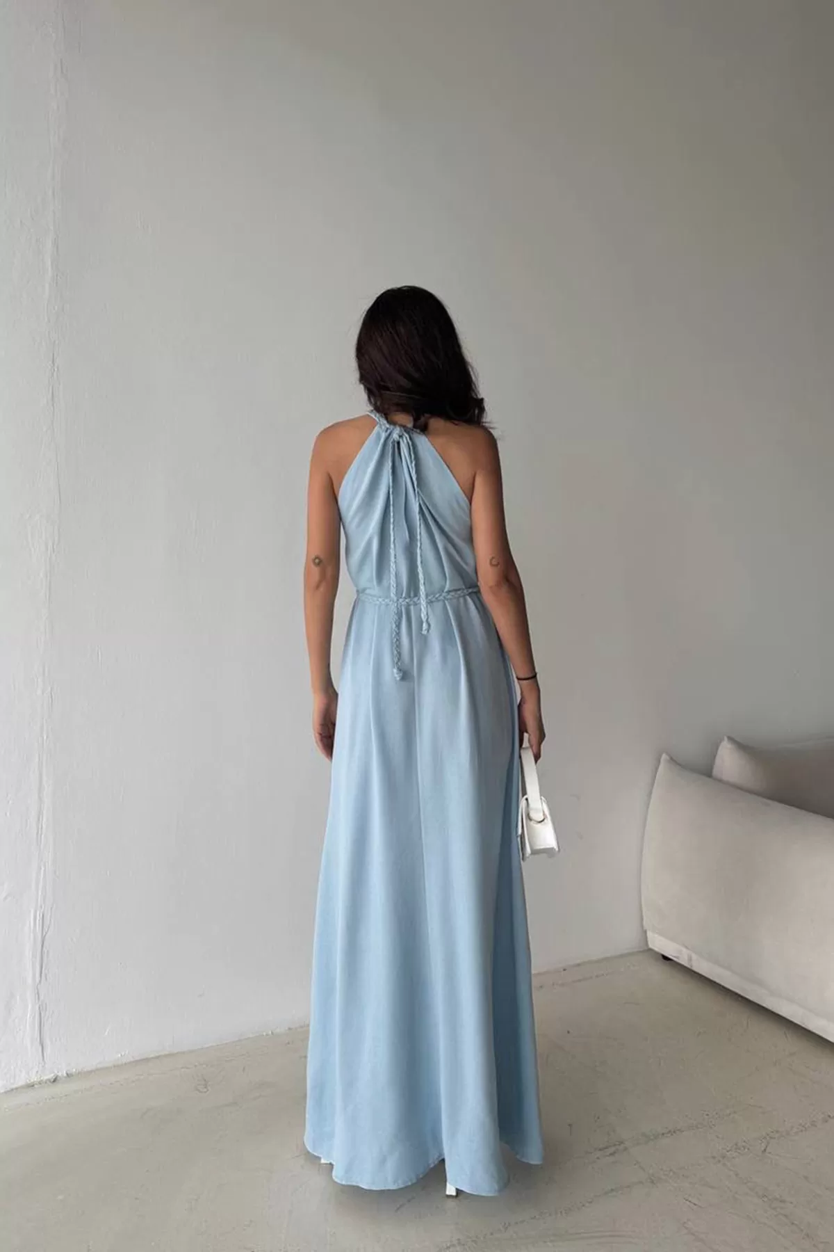 Bebe Mavi Pamuk Keten Yırtmaçlı Maksi Boy Elbise