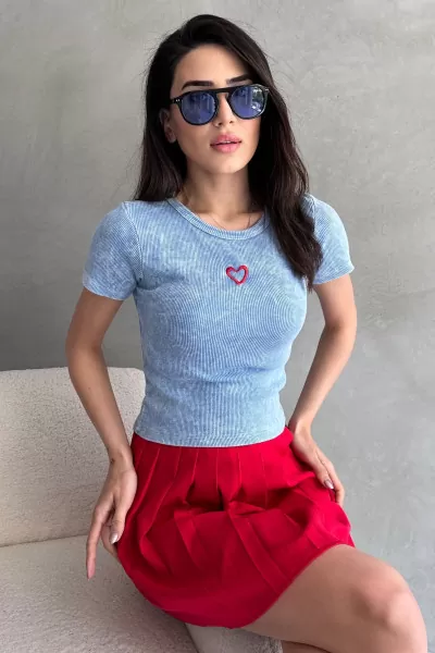 Bebe Mavi Yıkamalı Nakışlı Body