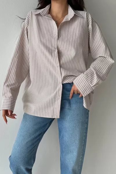 Bej Beyaz Çizgili Oversize Poplin Gömlek