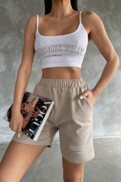 Bej Beyaz Şort Askılı Crop Kadın Alt Üst Takım