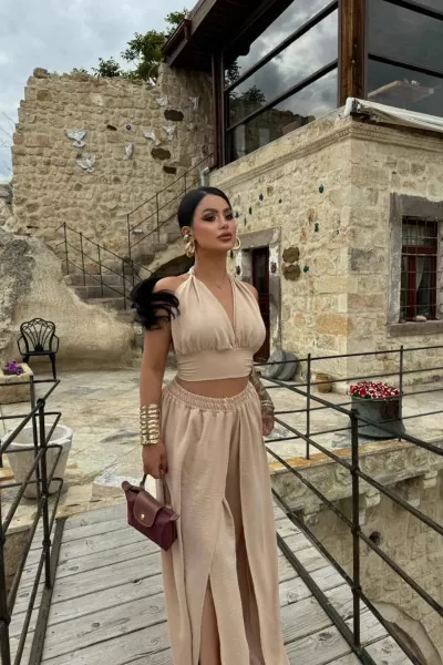 Bej Büstiyer Yırtmaçlı Pantolon Alt Üst Takım