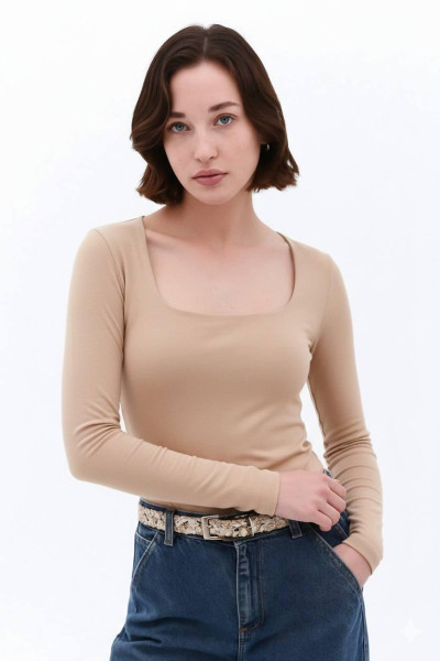 Bej Buzzy Kumaş Kare Yaka Body