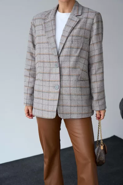 Bej Gri Ekose Oversize Kadın Ceket