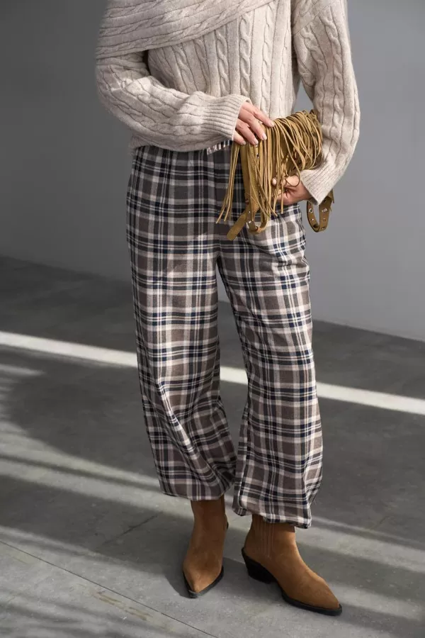 Bej Lacivert Yünlü Ekose Kadın Pantolon