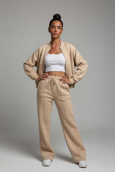 Fermuarlı Bej Modal Kadın Alt Üst Takım