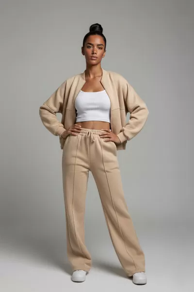 Fermuarlı Bej Modal Kadın Alt Üst Takım