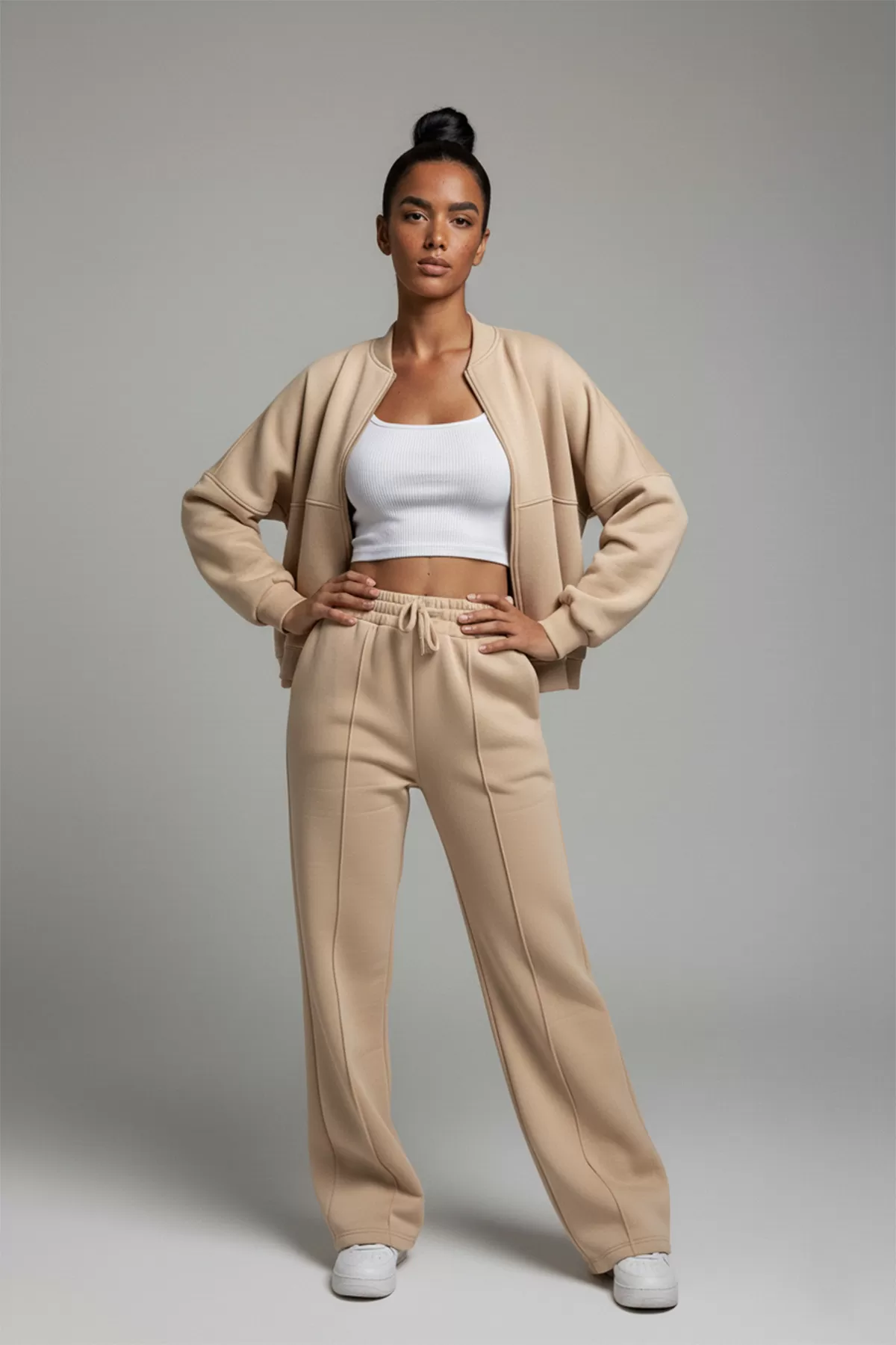 Fermuarlı Bej Modal Kadın Alt Üst Takım