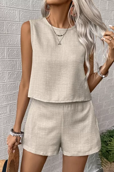 Bej Pamuklu Keten Şort Bluz Alt Üst Takım