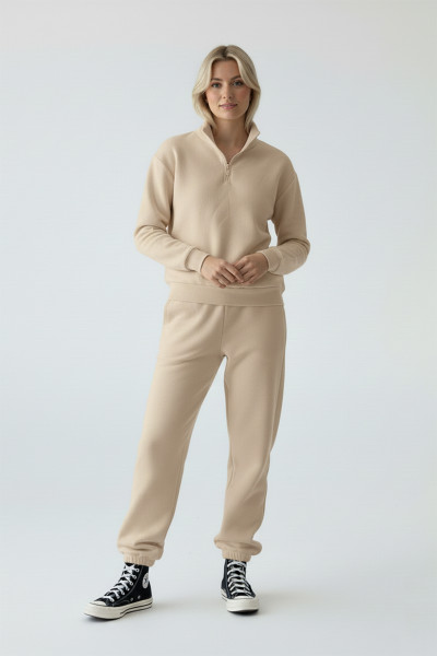 Bej Pamuklu Üç İplik Şardonlu Kadın Eşofman Takımı