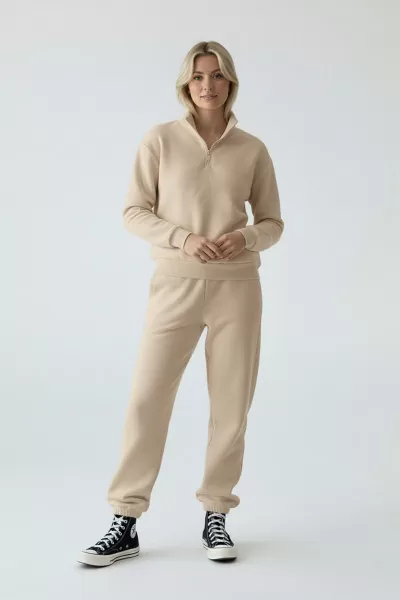 Bej Pamuklu Üç İplik Şardonlu Kadın Eşofman Takımı