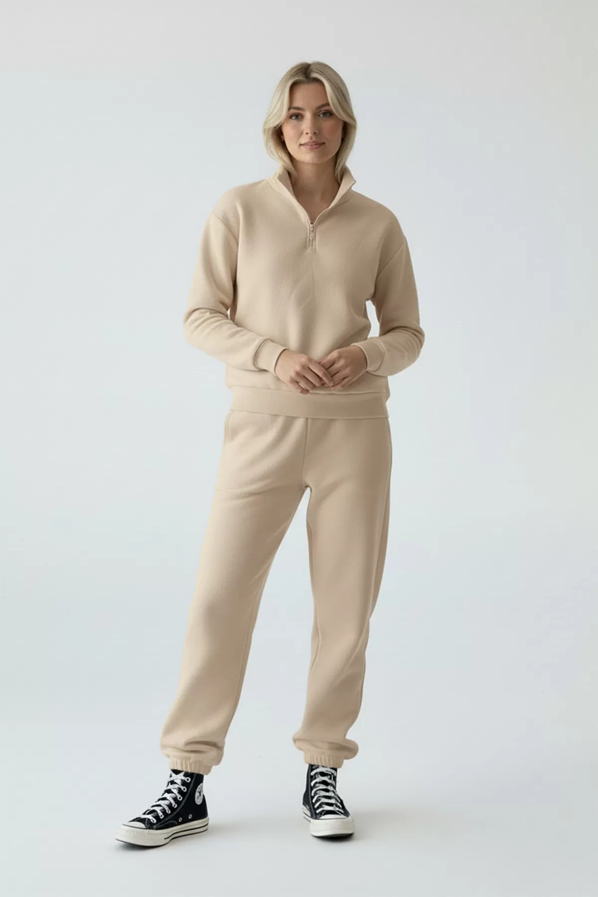 Bej Pamuklu Üç İplik Şardonlu Kadın Eşofman Takımı