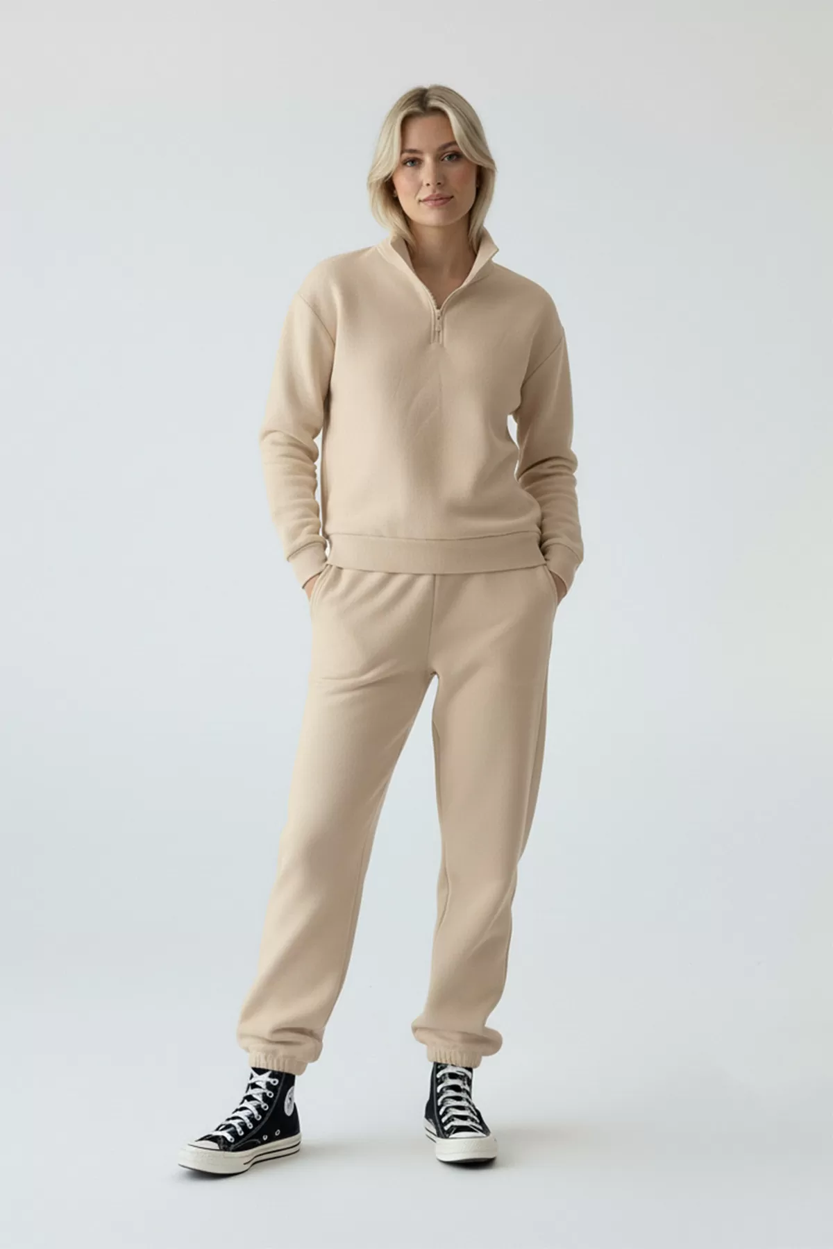 Bej Pamuklu Üç İplik Şardonlu Kadın Eşofman Takımı