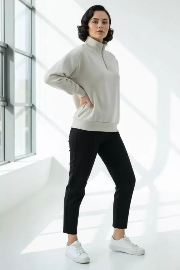 Bej Pamuklu Üç İplik Şardonlu Kadın Sweatshirt