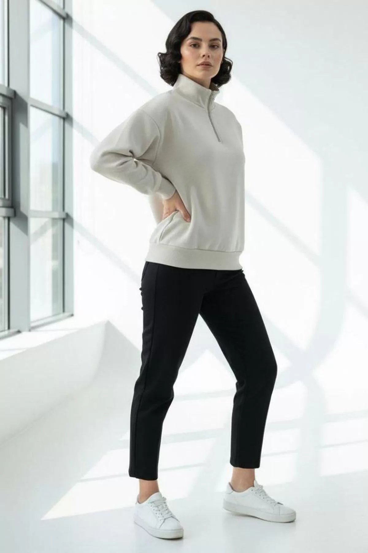 Bej Pamuklu Üç İplik Şardonlu Kadın Sweatshirt