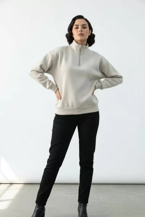 Bej Pamuklu Üç İplik Şardonlu Kadın Sweatshirt