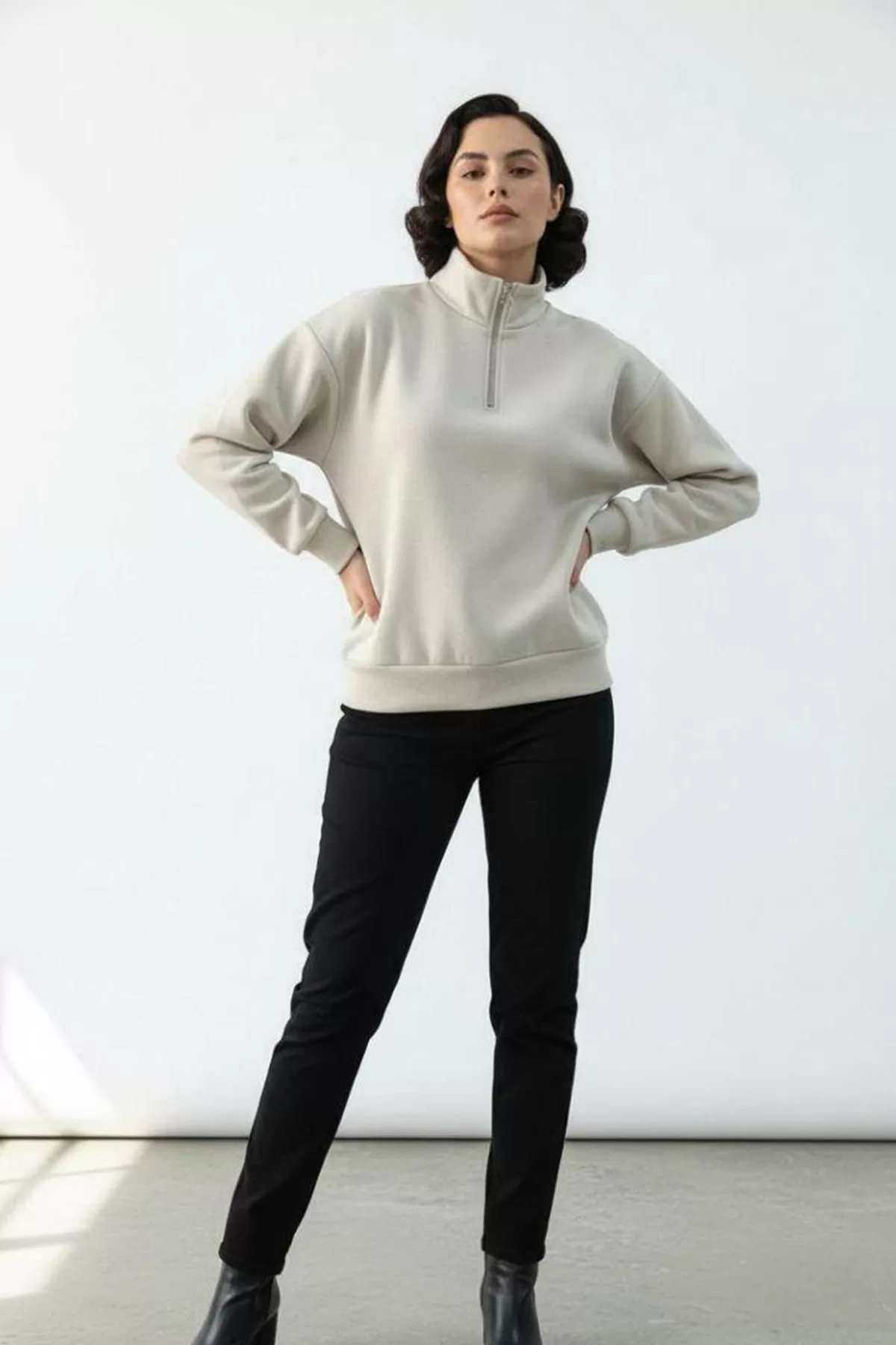 Bej Pamuklu Üç İplik Şardonlu Kadın Sweatshirt